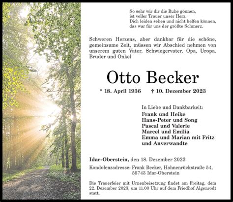 Traueranzeigen Von Otto Becker Rz Trauer De