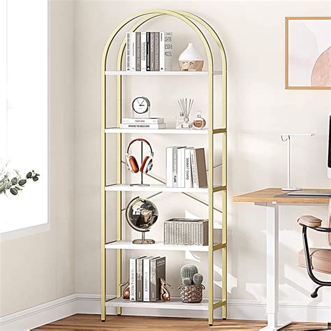 5 Tier Bookshelf Arched Metal Frame Bookcase With Wood Shelf Tall