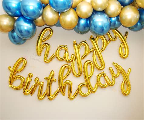 Gold Happy Birthday Balloons Banner Script Cursive Gold Letter