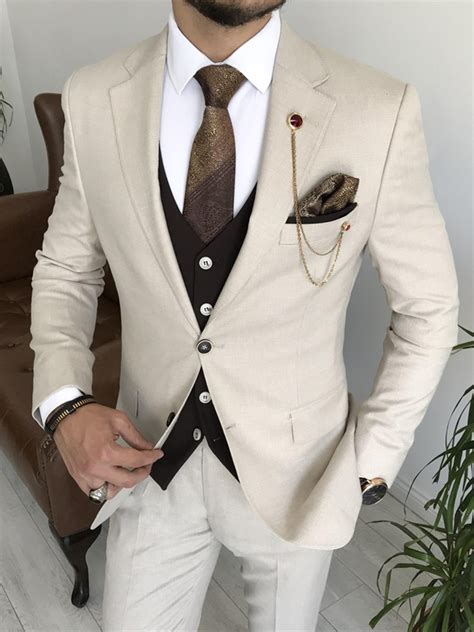 Light Beige Slim Fit Combination Suit For Men By Gentwith