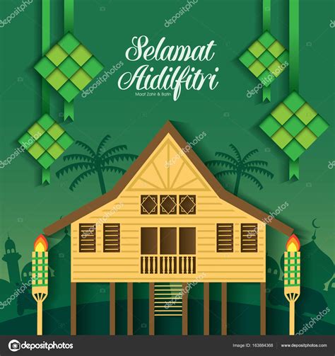 Selamat Hari Raya Aidilfitri Vector Ilustraci N Con La Casa De Pueblo