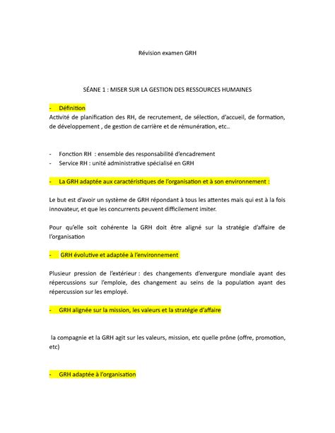 Révision examen intra GRH Révision examen GRH SÉANE 1 MISER SUR LA