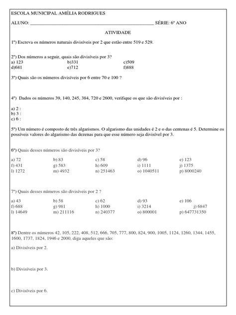 Atividades Criterios De Divisibilidade 6 Ano - Atividades de Divisibilidade 6º Ano | PDF | Ensino de Matemática