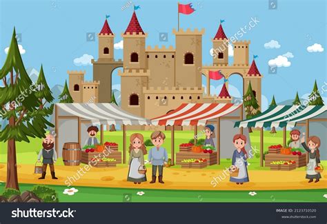 Medieval Market Scene Villagers Illustration Stock Vector (Royalty Free ...