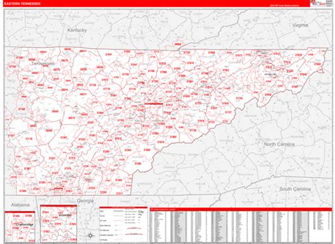 Tennessee Eastern Wall Map Red Line Style by MarketMAPS - MapSales