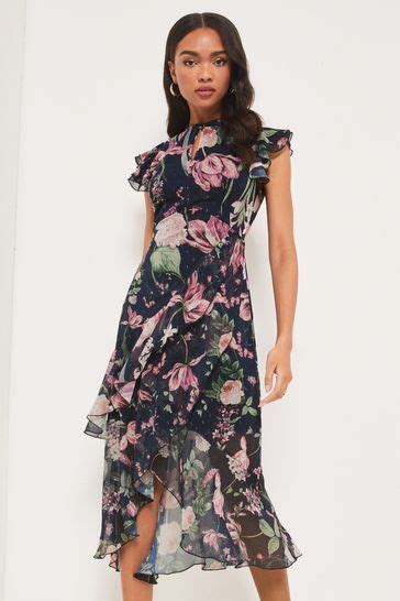 Buy Lipsy Printed Navy Printed Keyhole Ruffle Fit And Flare Midi Dress