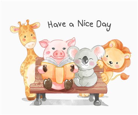 have a good day slogan with cute animals on a bench illustration ...