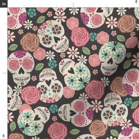 Sugar Skull Floral Fabric Sugar Skulls Pastel Pink Blue By Etsy France