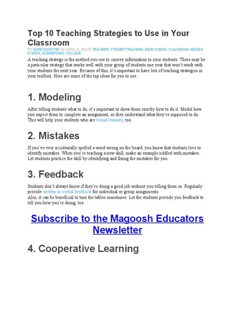 Top 10 Teaching Strategies To Use In Your Classroom Pdf Learning Classroom