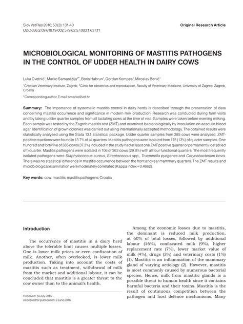 Pdf Microbiological Monitoring Of Mastitis Pathogens In The Control