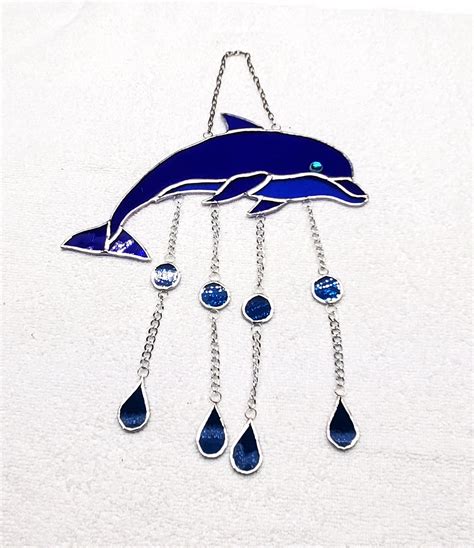 Dolphin Stained Glass Suncatcher With Water Drops Blue Etsy