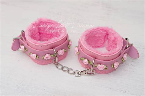 Ddlg Pretty Pink Furry Bdsm Bondage Hand Wrist Cuffs Flowers Etsy