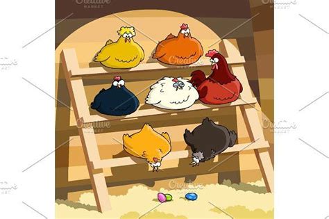Cartoon Chickens on the Perch | Cartoon chicken coop with chickens ...