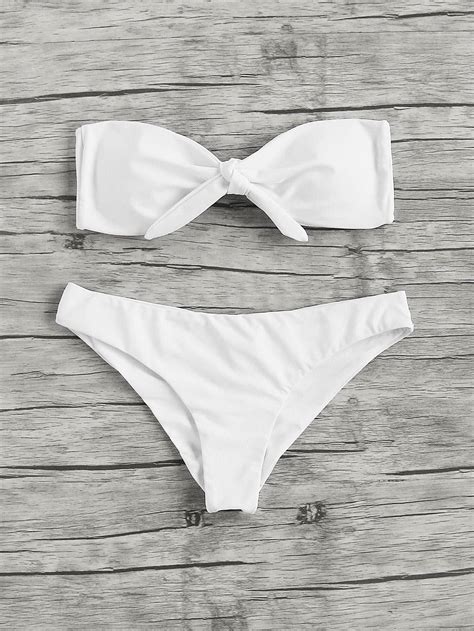 Knot Front Ruched Detail Bandeau Bikini Set Bikinis Bandeau Bikini