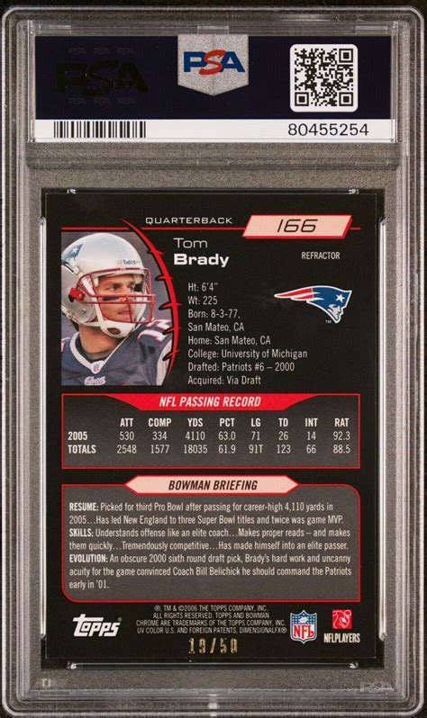 2006 Bowman Chrome GOLD Refractor Tom Brady 19 50 PSA Authentic 166