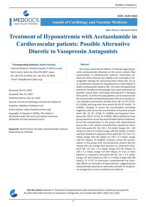 Treatment Of Hyponatremia With Acetazolamide In Cardiovascular Patients Possible Alternative