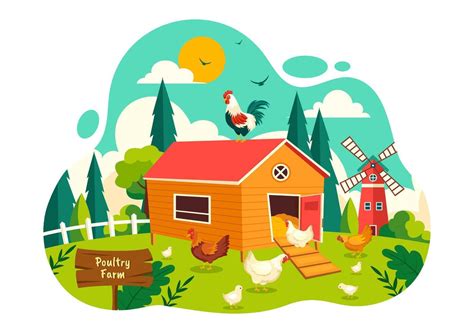 Poultry Farm Illustration With Chickens Roosters Straw Cage And Egg