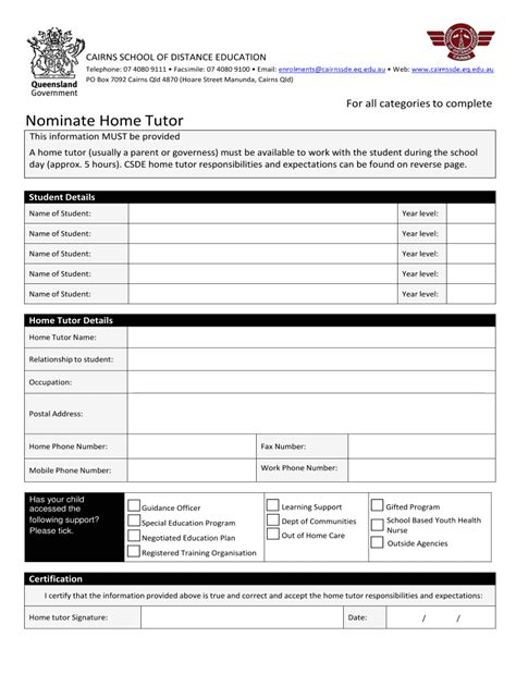 Fillable Online Cairnssde Eq Edu Home Tutor Nomination Form Cairns