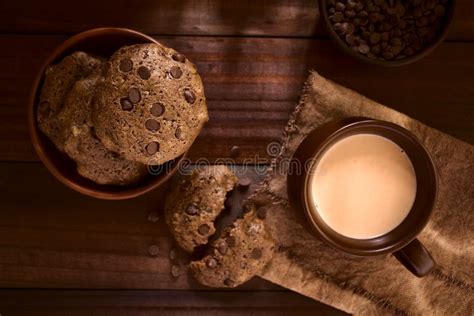 Homemade Double Chocolate Chip Cookies With Chocolate Drink Stock Image