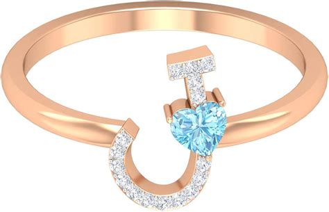 Initial J Ring 14 Ct Diamond Letter Ring With Aquamarine Letter J