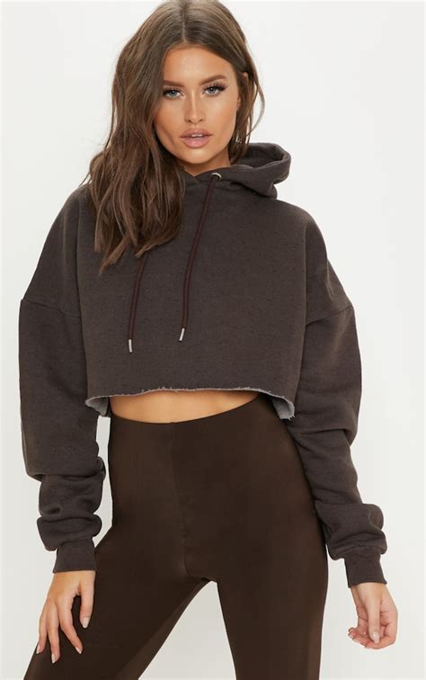 Chocolate Drop Shoulder Crop Hoodie Tops Prettylittlething