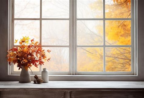 Premium AI Image | Autumn background with window wooden table and ...