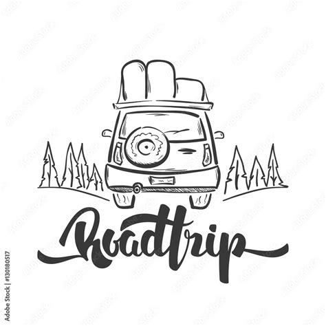 Vector Illustration Hand Drawn Travel Car And Handwritten Lettering Of