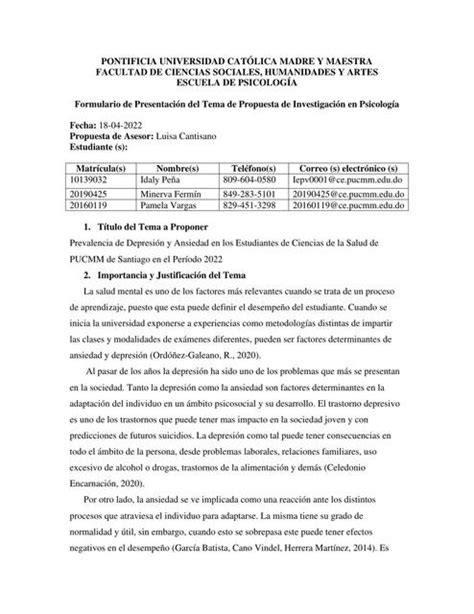 Formulario de Presentación del Tema de Investigación en Psicología