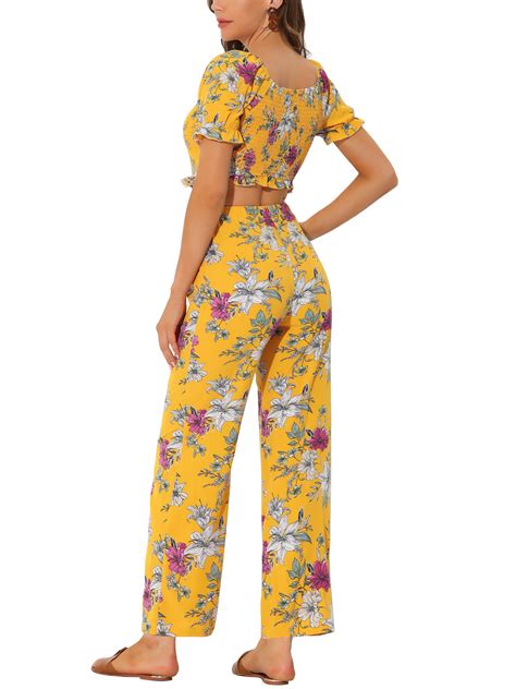 Allegra K Womens Floral Square Neck Crop Blouse And Tie Waist Wide Leg Pants Set