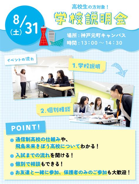 【8月31日】転入学生・編入学生対象 学校説明会 学校法人三幸学園 飛鳥未来きぼう高等学校 神戸元町キャンパス