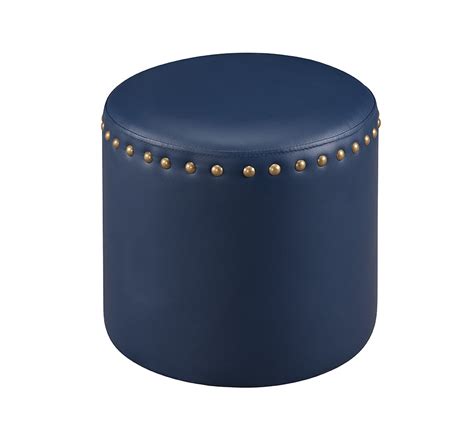 Andrea Transitional 15.5" Round Ottoman Footstool, Blue Faux Leather ...