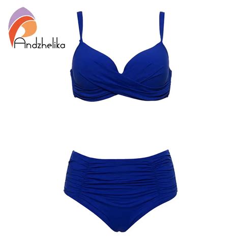 Andzhelika 2018 New Sexy Bikinis Women Swimwear Solid Fold High Waisted Bikinis Set Plus Size