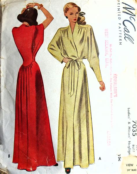 1940s Glamorous Negligee House Coat Robe Lounging Hostess Gown Pattern Mccall 7035 Bust 32 Pure