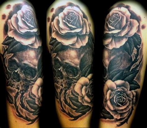 Rose And Skull Half Sleeve White Flower Tattoos Rose Tattoo Sleeve