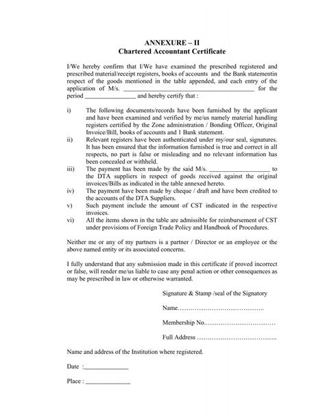 Annexure Ii Chartered Accountant Certificate