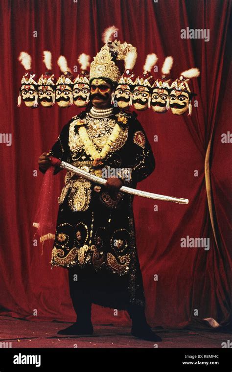 Man wearing ten faces of ravana costume during Ramayan, India, Asia ...