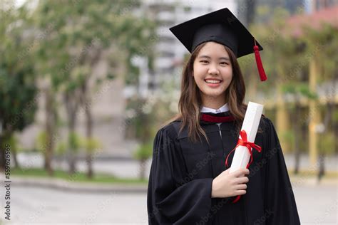 Successful Graduation From University Smiling Beautiful Asian Girl