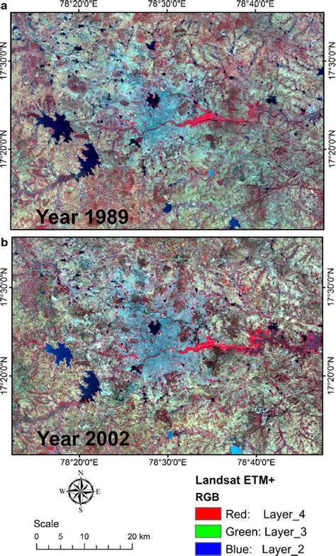 A B Landsat Etm Datasets Showing In False Color Composite Band