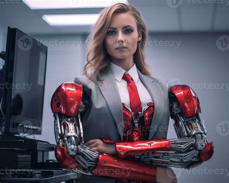 a woman in a business suit with a robot arm generative AI 28359635 Stock Photo at Vecteezy