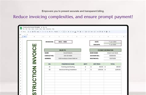 Construction Invoice Template in Excel, Google Sheets - Download | Template.net