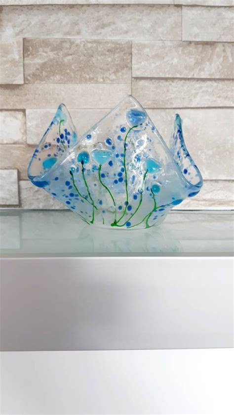 Blue Flower Fused Glass Tea Light Holder Etsy