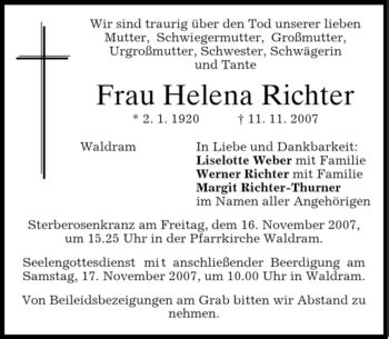 Traueranzeigen Von Helena Richter Trauer Merkur De