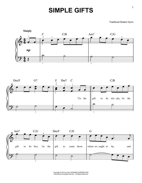 Simple Gifts Sheet Music By Traditional Shaker Hymn Easy Piano