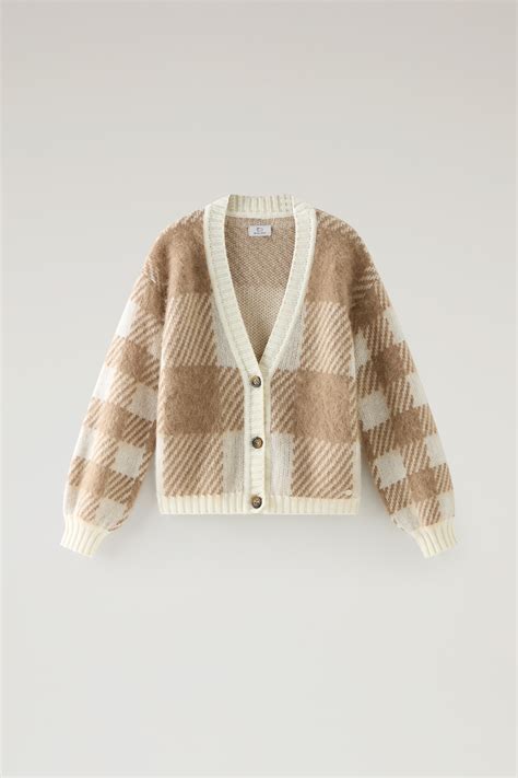 Women S Buffalo Check Cardigan In Wool And Mohair Blend White