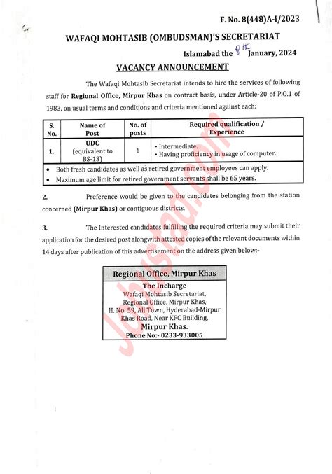 Latest Wafaqi Mohtasib Secretariat Jobs 2024 Advertisement