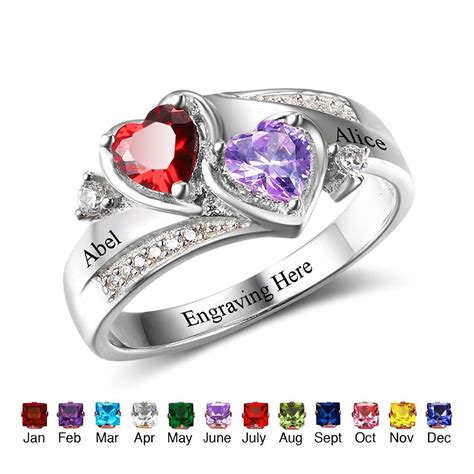 Free Dhl Shipping Personalized Couples Birthstones Promise Heart Rings