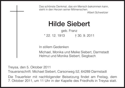 Traueranzeigen Von Hilde Siebert Trauer Hna De