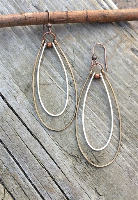 Mixed Metal Earrings Long Hoop Earrings Silver Copper Etsy