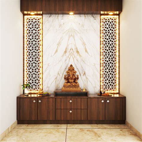 Spacious Pooja Room Design With Marble Backdrop And Wooden Cabinets Livspace