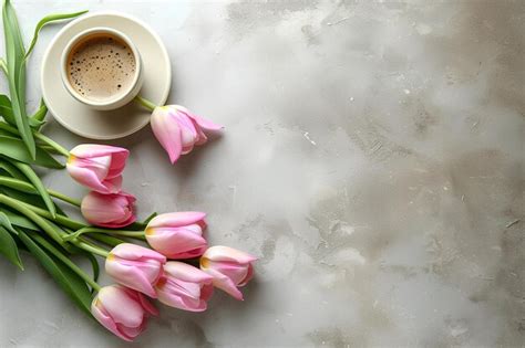 Premium Photo A Cup Of Coffee And Pink Tulips On A Marble Surface